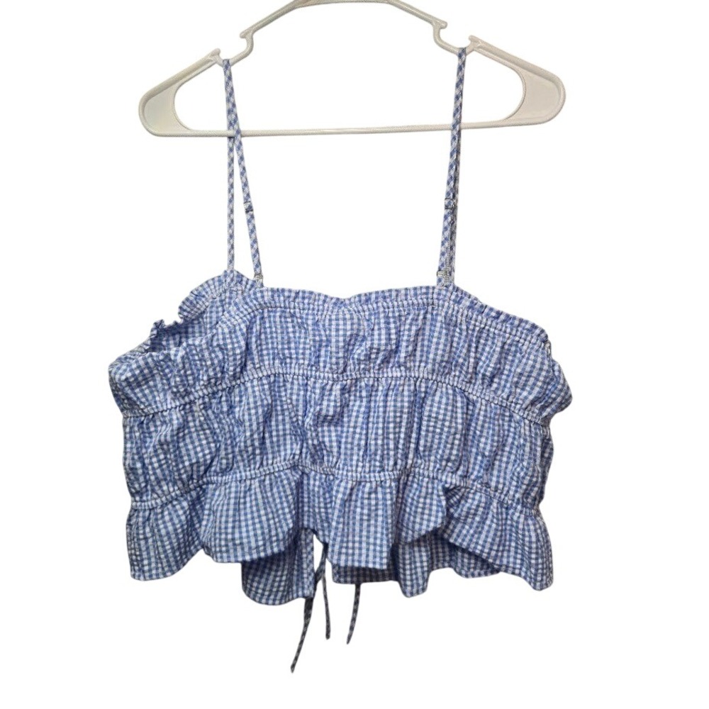 No Boundaries Blue White Gingham Ruffle Crop Top‎ XL 15-17 Smocked Cami Tank